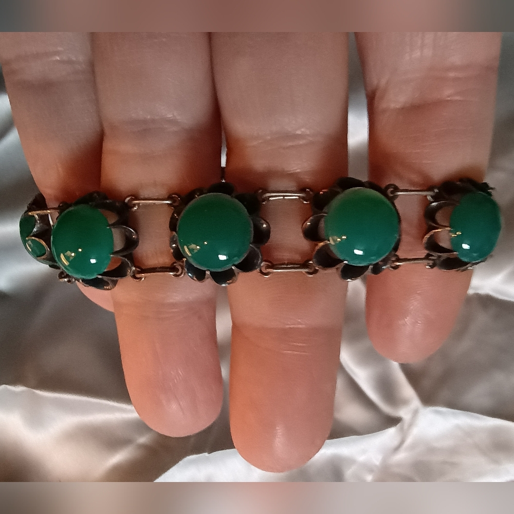 Vtg Chrysoprase Cabochon Marcasite Link Sterling Slvr Bracelet, Handmade Artisan